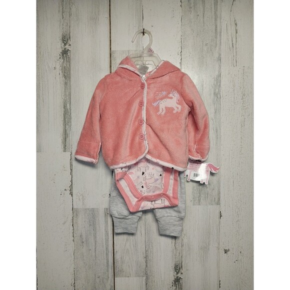 CJP BABY Infant Girls 3pc Bodysuit Jacket Jogger 0-3m Unicorn Pink - Picture 1 of 4